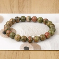 Natural Unakite stone beaded bracelet with green and pink round gemstone beads - Unakite / 6mm