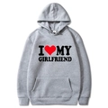 Light gray hoodie with black I Love My Girlfriend print and red heart in size M - S / Tops / Light Gray