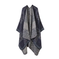 Close-up of blue-grey knit shawl with intricate jacquard woven pattern details - Navy Blue