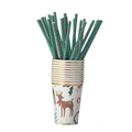 Christmas party set with reindeer paper cups and matching green straws for holiday decor - Reindeer Christmas Paper Straws