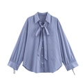 Women's blue striped shirt with bow tie neckline and elegant long sleeves, casual style - XS / Blue Stripe