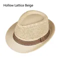 Men's breathable mesh straw fedora hat in beige with stylish striped brown ribbon band - Kids Size (52cm) / Hollow Lattice Beige