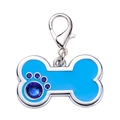 Blue bone-shaped pet tag with rhinestone paw print and silver zinc alloy metal frame - Bone / Blue