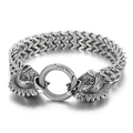 Retro silver woven titanium steel bracelet featuring a dual eagle head ring clasp design - Double Beast Head Style (KB144596-KJX)