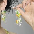 Detail of colorful long tassel floral earrings with crystal beads worn by a model - 9# Silver Pin-White-Green