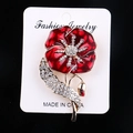 Elegant red enamel poppy brooch with sparkling crystals on a golden stem finish - Red Poppy Rhinestone
