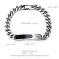 Silver stainless steel Cuban link bracelet with a black curved plate and sizing dimensions - Silver Black (W-8-2)