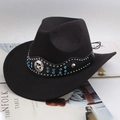 Black wool felt western cowboy hat featuring blue rhinestones and silver star emblems - Rhinestone Arc Strap / Black