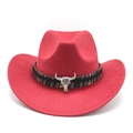 Close-up of red suede cowboy hat featuring a silver bull head metal ornament and braided band - M (56-59cm) / Red Suede