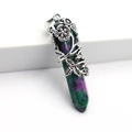 Natural ruby in zoisite hexagonal stone pendant with vintage silver floral wrap - Pendant Only (No Chain) / Ruby Zoisite