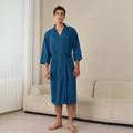 Men's navy blue waffle knit bathrobe with belted waist and breathable honeycomb texture - Dark Green (Men)