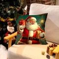 Christmas pillowcase with hand-painted Santa Claus on a sofa near a glowing tree - Santa Claus with Lantern