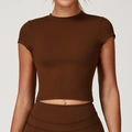Women's tight-fitting short sleeve crop top in chocolate brown brushed athletic fabric - Chocolate Brown