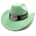 Detail of mint green suede cowboy hat with studded leather band and crystal accents - M (56-58cm) / Fruit Green