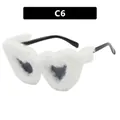Retro heart shaped sunglasses with fuzzy white faux fur trim and dark lenses - Black Frame White Plush