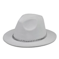 Detailed texture of white wool felt fedora featuring a shiny silver metal chain band - White Hat Silver Chain