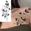 Sketch black and white peony tattoo sticker shown on model shoulder and design draft - Pattern BK-013