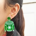 Detail of creative green sweater earrings with white snowflakes and glitter stud on ear - Green Stud Earrings
