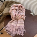 Pink houndstooth blended cashmere scarf with fringe on a wooden table, winter accessory - Dusty Pink