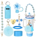 Close-up of blue crochet daisy strap and plush ball accessories set for tumblers - 8-Piece Set 9-Blue Daisy