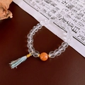 Chinese style crystal beaded bracelet with brown wooden bead and colorful silk tassel - 65# Clear Crystal & Wood Beads (65# Bracelet - Transparent)