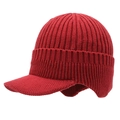 Berretto invernale da uomo in maglia rosso scuro con paraorecchie e visiera - Rosso Vino Con Visiera