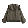 Women casual short hooded poncho jacket with large pockets and buttons in olive green - XS / Dark Gray