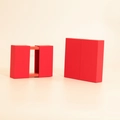 Minimalist bright red PE film floating jewelry box in closed and half-open views - Red Floating Box + Double Drawer Box; 110*110*20mm