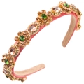 Detail view of pink satin headband with hand-sewn floral crystal and rhinestone patterns - Champagne