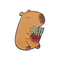 Cute Capybara enamel pin featuring a cartoon brown animal holding a small red potted plant - Capybara With Plant Style (QHXZ2354)