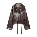 Dunkelbraune kurze PU-Lederjacke für Damen mit zweireihigem Gürtel und Reverskragen - S / Kaffeebraun