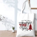 White canvas tote bag with red plaid Christmas tree and festive slogan print - SD-A-08/Holiday Slogan Tree