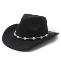 Detail of black faux suede cowboy hat featuring white heart beads on a decorative string - M (56-58cm) / Black Faux Suede