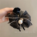 Elegant black mesh bow hair claw clip with large faux pearls and sparkling crystal charms - Polka Dot Black-Tassel