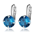 Deep blue round cut crystal earrings with silver lever-back clasp and four-prong setting - Blue (Round)