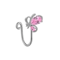 Detailed side view of silver butterfly nose clip with pink teardrop zircon stones - Pink Butterfly Style (FNN3111801)