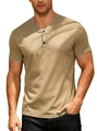 Khaki men's V-neck breathable cotton sports T-shirt with two-button Henley collar design - Khaki