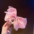 Pink large mesh bow hair claw clip for women made of translucent gauze fabric - Pink