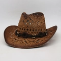 Detailed macro view of hollow woven straw cowboy hat with decorative wooden beads. - Dark Coffee Circle Decor / Khaki Brown
