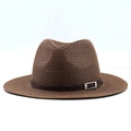 Detail of dark brown straw fedora featuring a leather band and silver metal buckle - 58cm / Brown