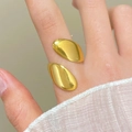 Polished 18K gold-plated stainless steel ring with elegant double oval leaf design - 18K Gold Double Oval Leaf (X745)