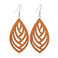 Macro shot of brown wood hollow geometric leaf earrings with silver metal hooks - Style 28/Orange Brown Geometric Hollow Teardrop
