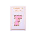 Detailed view of pink chenille letter F patch with gold glitter borders and adhesive back - Letter F