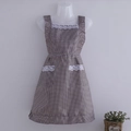 Women's brown and white plaid canvas apron with white lace trim and front pockets - Polyester Double Layer - Coffee