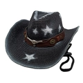 Detail of black straw cowboy hat with brown band and vintage metal bull head emblem - M(56-58cm) / Black