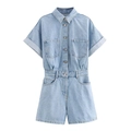 Light blue short sleeve denim romper with turn-down collar and chest pockets - XS / Top And Bottom / Light Blue