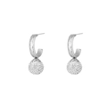 Silver geometric stainless steel hoop earrings with textured finish and crystal ball charms - Disco White Zirconia Ball (E307175) - White White