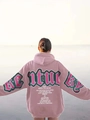 Close-up of vintage Century letter print on a loose-fit dusty pink oversized hoodie - S / Deep Pink