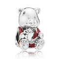 Silver bear charm bead with red enamel vest holding a mug for DIY jewelry crafts - Bear with Red Vest (Holding Cup)