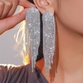 Elegant long silver snake earrings with high-density tassels and sparkling rhinestones - Silver Rhinestone Tassel (DTE1816327S)